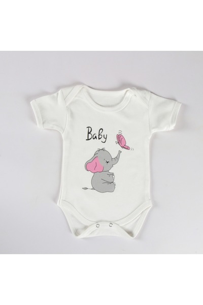 MADALİNA 100% Cotton Elephant Printed Baby Girl Short Sleeve Body