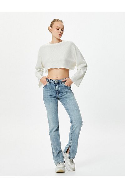 Koton Tričko Crop Pletené široké rukávy Uvolněný střih Crew Neck