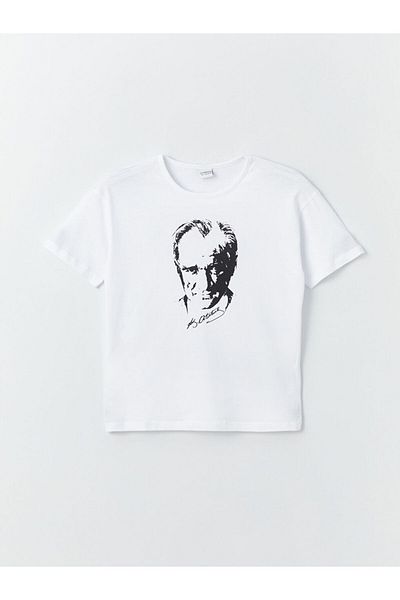 LC Waikiki Tricou pentru fete cu mânecă scurtă cu imprimeu Ataturk cu decolteu rotund de sezon nou - S47754Z4