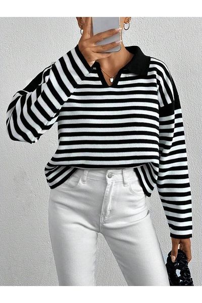 Jose Clothing Női póló nyakú fekete-fehér csíkos hosszú ujjú kötött pulóver