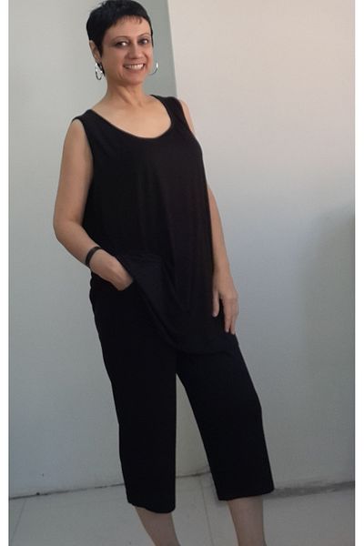 Mertcan Butik Black Strap T-Shirt Pocket Capri Casual Bottom Top Combed Cotton Viscose Pajamas Set
