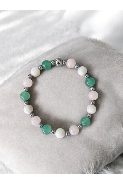 MK tasarım Real Aventurine, Moonstone, Pink Quartz Stone Bracelet - Small Rhinestones Hematite Mkt45001