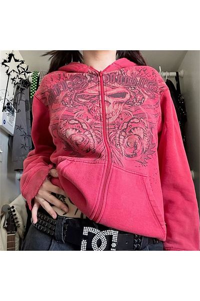 Karakedi Суичър с качулка Red Skull Horn Cyber ​​Grunge