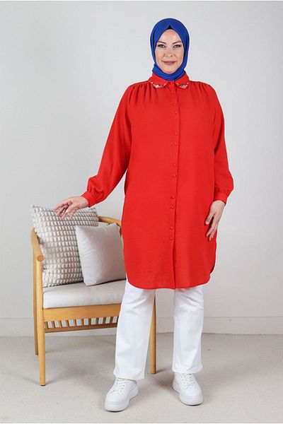 Moda Rosa 24Y2328 - MERCAN - Large Size Hijab Drawstring Detailed Baby Collar Tunic