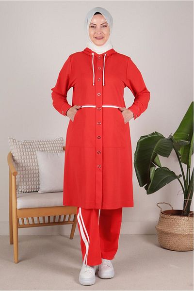 Moda Rosa 23y35086 - Coral - Large Size Hijab Snap Sport Pants Set