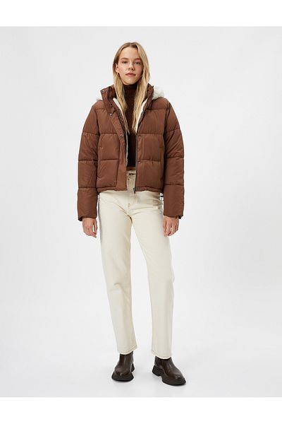 Koton Puffer Jacket, Hooded, Plush Lined, Pocket, Zipper