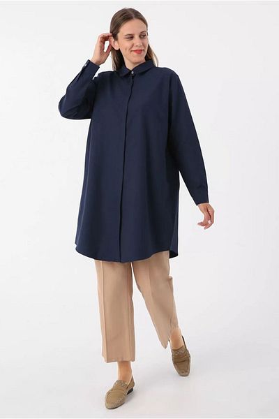 Moda Rosa 24Y4317 - DARK BLUE - Plus Size Poplin Shirt Tunic