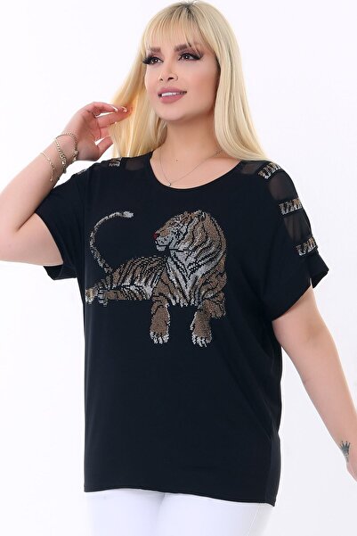 Kheos Round Neck Sleeve Tulle Stripe Tiger Stone Printed Flexible Stylish and Cool Lycra Plus Size Blouse