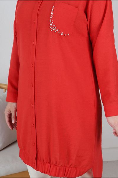 Moda Rosa 24Y2330 - MERCAN - Large Size Hijab Linen Aerobin Tunic - Stone Embroidered