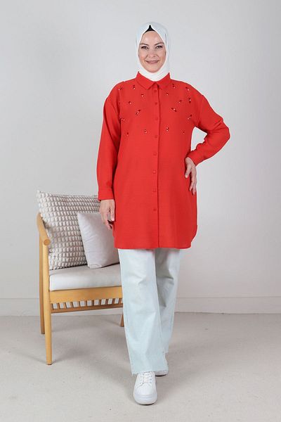 Moda Rosa 24Y2329 - MERCAN - Large Size Hijab Stone Embroidered Linen Aerobin Tunic