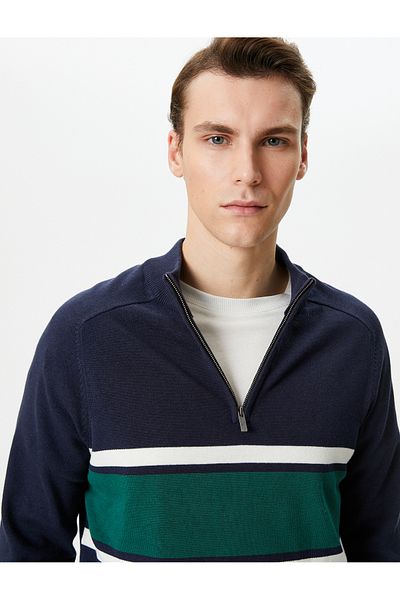 Koton Half Zippered Sweater Slim Fit Stand Collar Color Block Cotton