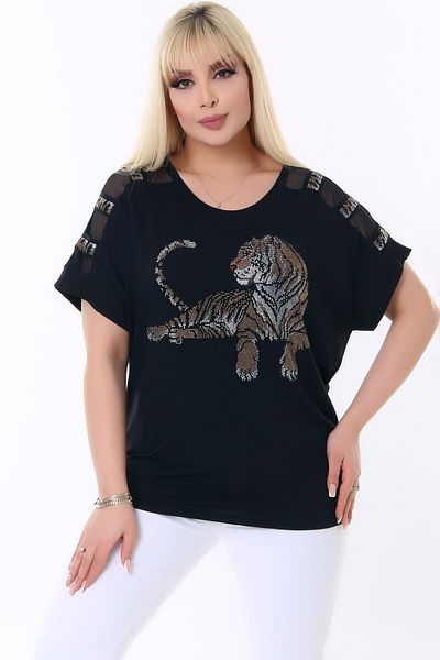Kheos Στρογγυλή λαιμόκοψη από τον ώμο Τούλι ριγέ Tiger Stone εμπριμέ ελαστική κομψή και δροσερή μπλούζα Lycra Plus Size