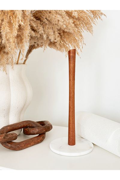 Minika Home Natural Marble Paper Towel Holder with Wooden Detail