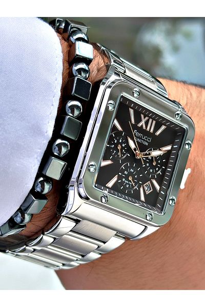 Ferrucci Silver Color Square Functions Active Men's Wrist Watch + Bracelet