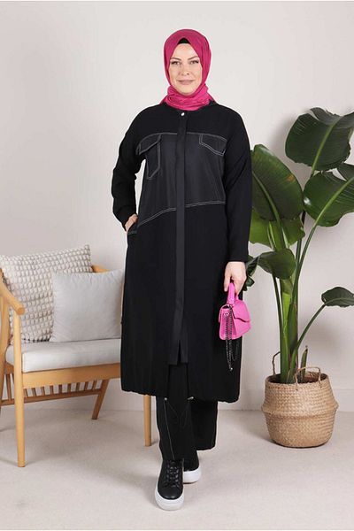 Moda Rosa 24Y35077 - أسود - بدلة بنطلون مغطى بأزرار كبيرة الحجم