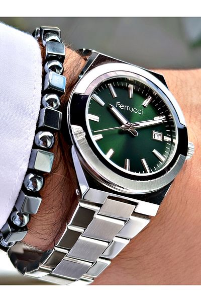Ferrucci Silver Color Classic Plain Model Steel Cord Men's Wrist Watch + Bracelet