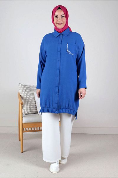 Moda Rosa 24Y2330 - SAKS - Large Size Hijab Stone Embroidered Linen Aerobin Tunic