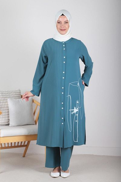 Moda Rosa 24Y35088 - OIL - Large Size Hijab Striped Pants Set