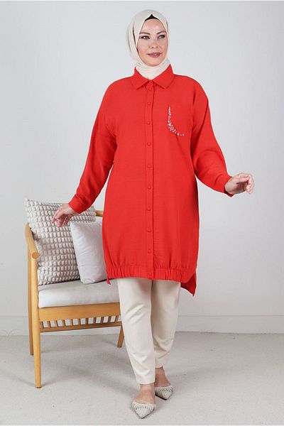 Moda Rosa 24Y2330 - MERCAN - Large Size Hijab Linen Aerobin Tunic - Stone Embroidered