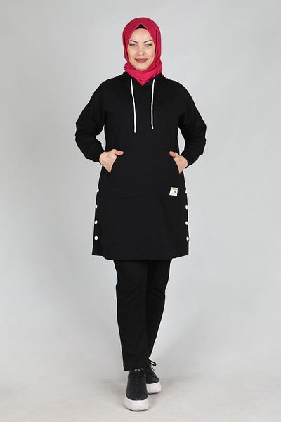Moda Rosa 24K2040 - BLACK - Large Size Hijab Kangaroo Pocketed Snap Detailed Tunic
