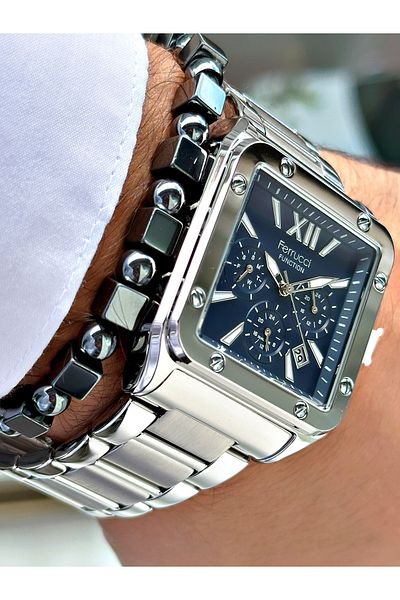 Ferrucci Silver Color Square Functions Active Men's Wrist Watch + Bracelet