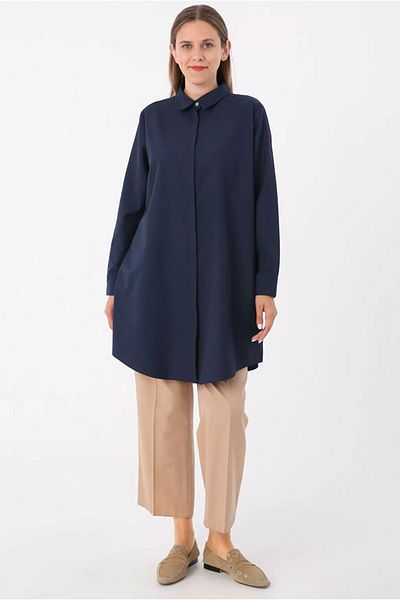 Moda Rosa 24Y4317 - DARK BLUE - Plus Size Poplin Shirt Tunic