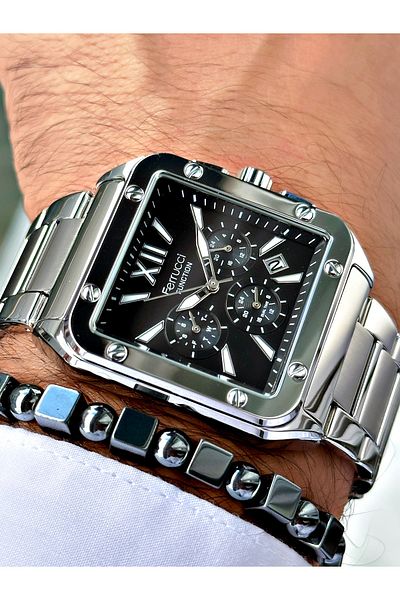 Ferrucci Silver Color Square Functions Active Men's Wrist Watch + Bracelet