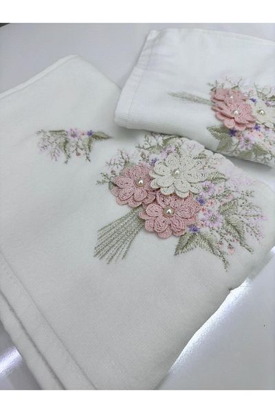 Dantelux White Mother and Daughter Dowry Embroidery Towel - Bowl Bouquet Model