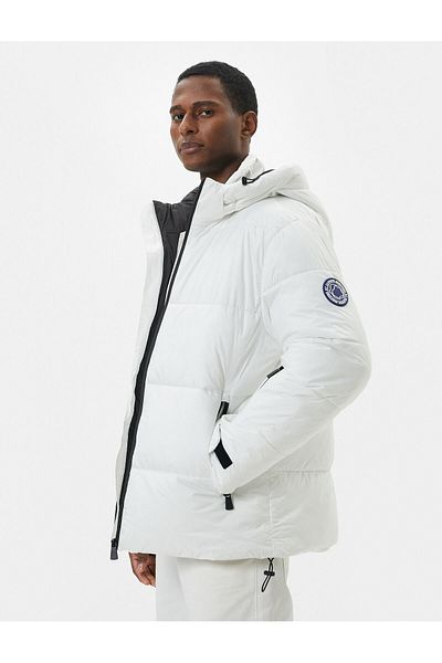 Koton Puffer Jacket Hooded Slogan Printed Zippered Pocket Detail
