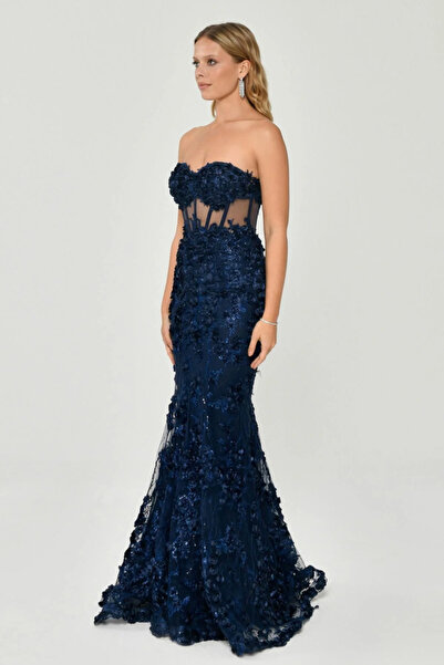 ALFABETA KALP YAKA BEL TRANSPARAN 3 BOYUTLU ÇİÇEKLİ BALIK ŞIK ABİYE ELBİSE