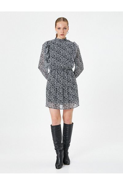 Koton Flower Patterned Chiffon Dress with Stand Collar and Balloon Sleeve Detail