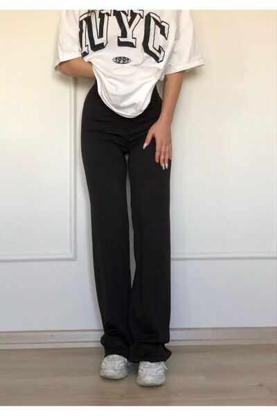 dorsha Kadın Siyah Yüksek Bel Yeni Fitilli Geniş Paça Tayt