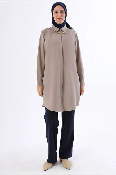 Moda Rosa 24Y4317 - Mink - Plus Size Poplin Shirt Tunic
