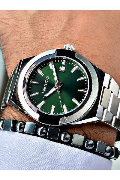Ferrucci Silver Color Classic Plain Model Steel Cord Men's Wrist Watch + Bracelet