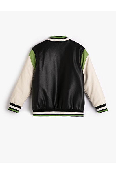 Koton College-Jacke in Lederoptik mit Applikationen und Taschendetails, mit Druckknöpfen