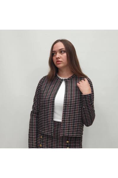 Blue Petrol Women's Long Sleeve Jacket Skirt Button Detailed Plaid Suit