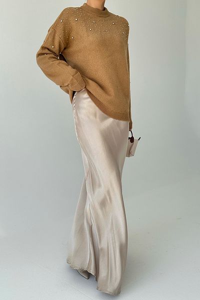 Qu Style Stone Detailed Camel Sweater - Tk 231106