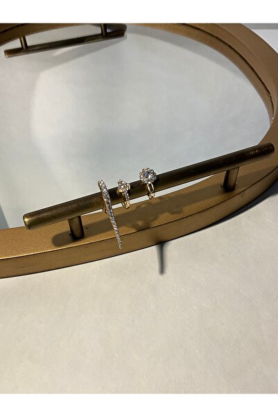 auramore Zirkon Taş Detaylı Altın Kaplamalı Üçlü Küpe Set