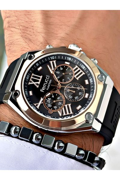 Ferrucci Black Color Silicone Functions Active Sports Men's Wrist Watch + Bracelet