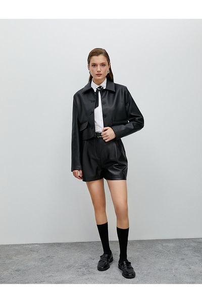Koton Faux Leather Jacket Crop Flap Pocket Buttoned