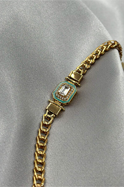 Dağıstanlı Kuyumculuk 8 Ayar Altın Bagetli Turkuaz Mineli Bileklik