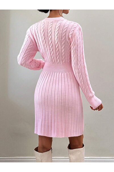 ATEMODAA BELİ LASTİKLİ ETEĞİ FİTİLLİ ELBİSE PEMBE