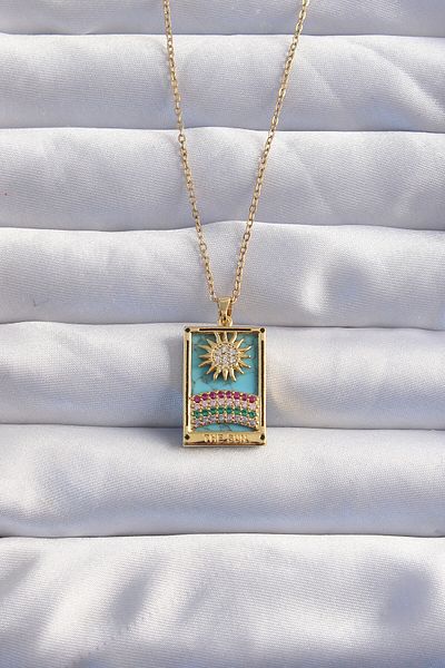 modadamoda 316L Steel Chain Gold Color Sun Detail Colorful Zircon Stone Tarot Necklace