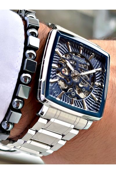 Ferrucci Silver Color Automatic Square Business Mechanism Men's Wrist Watch + Bracelet
