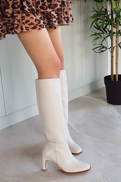 POLKA STORE Kinda Heeled Below the Knee Blunt Toe Zippered Matte Leather Women's Boots