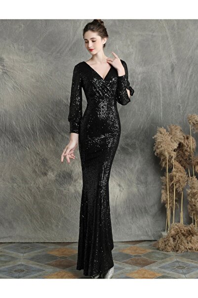 elissaa Uzun kollu kruvaze yaka  pul payet abiye elbise