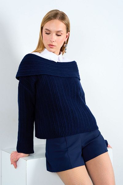 Qu Style Pulover cu nervuri albastru bleumarin TK 231075