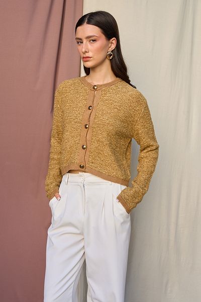 Qu Style Mustard-Camel Gray Cardigan Th 241048