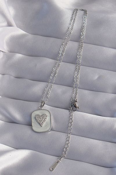 AfraBeauty 316L Stainless Steel Marble Pattern Heart Necklace |   Silver Color Zircon Stone Women's Necklace