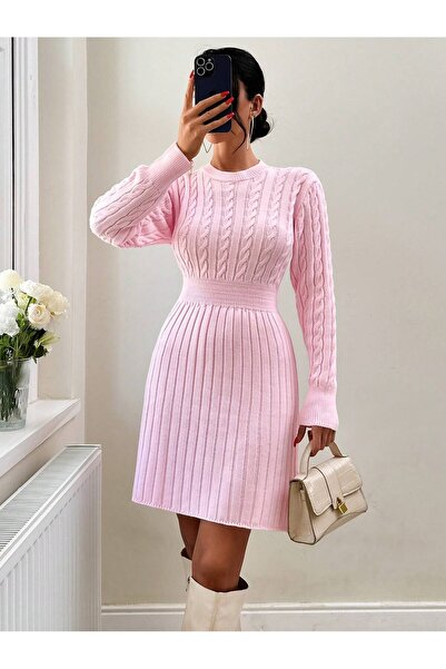 ATEMODAA BELİ LASTİKLİ ETEĞİ FİTİLLİ ELBİSE PEMBE